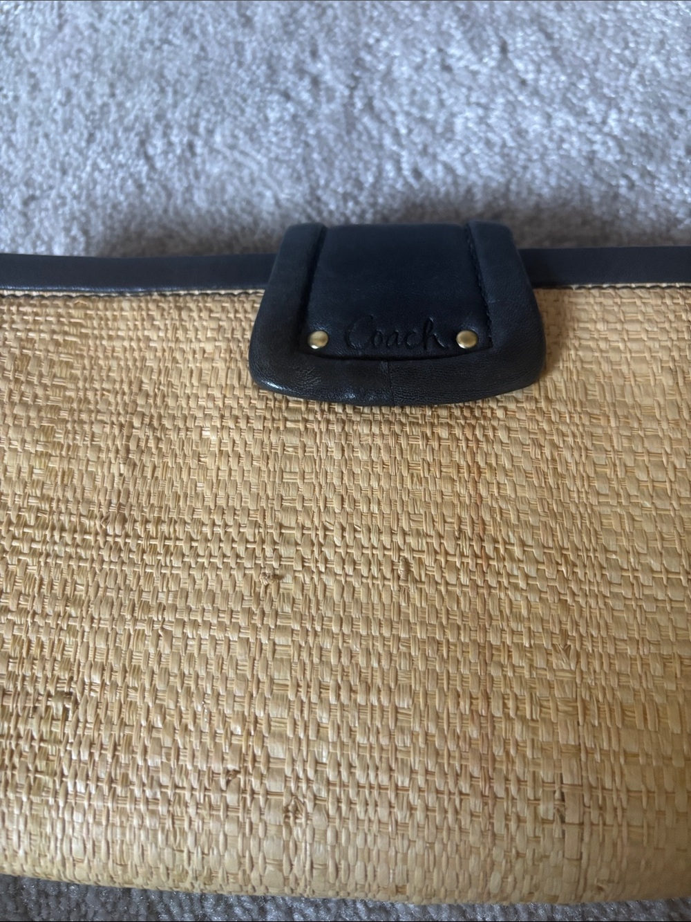 Coach Natural Straw Clutch with Black Leather Accents